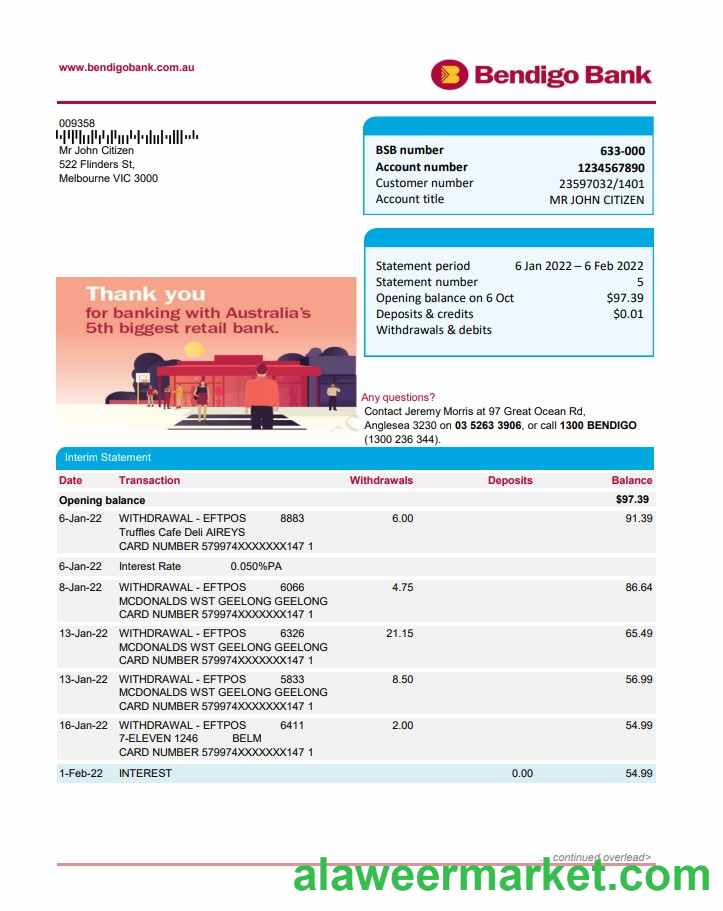 Australia Bendigo bank statement easy to fill template in Excel and PDF format, 2 pages
